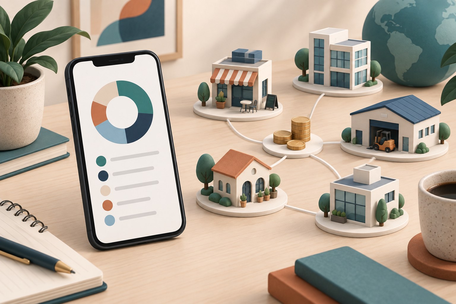 Ilustración de aplicaciones móviles para gestionar y comparar inversiones P2P